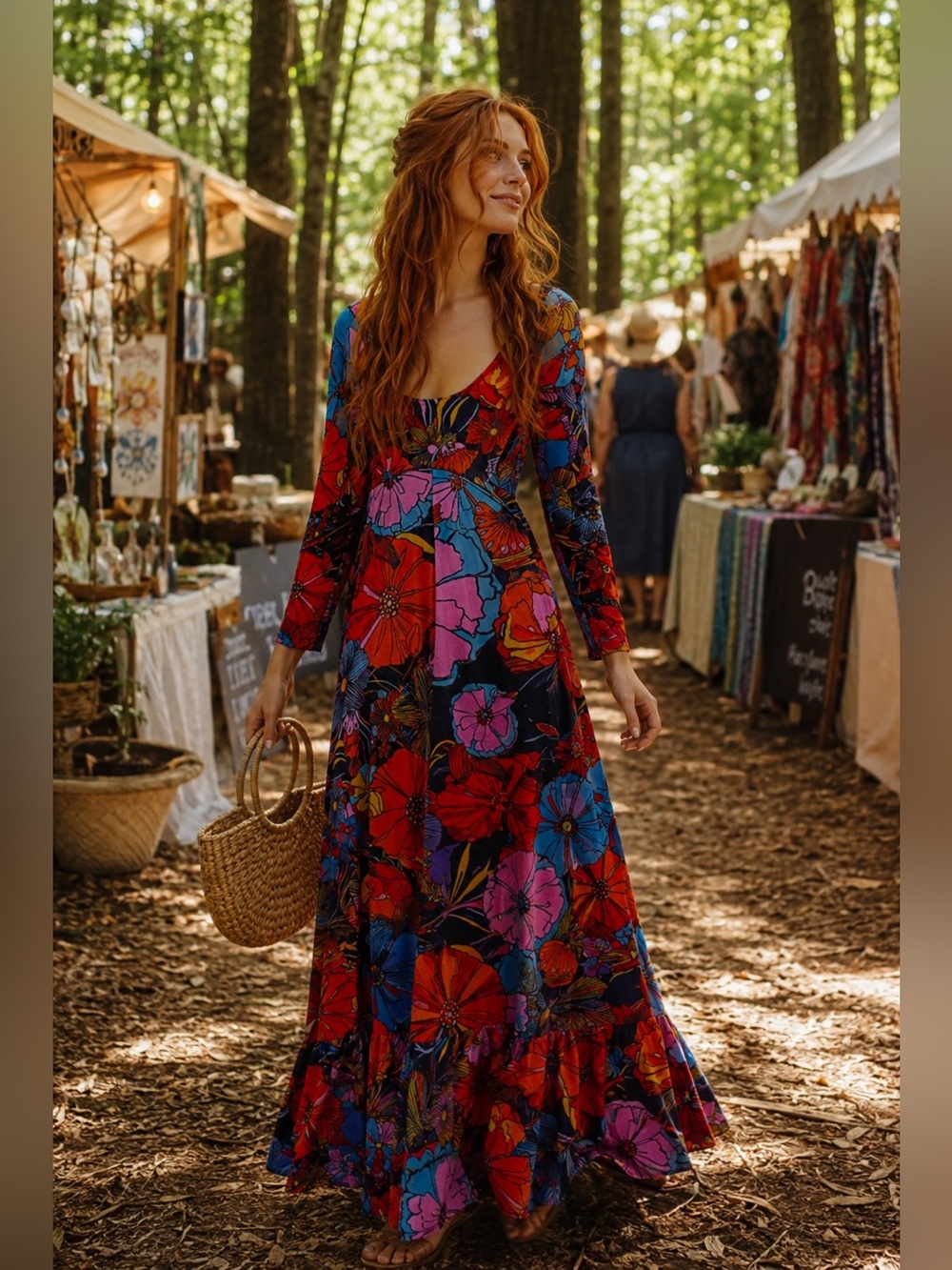 Free People Floral Scoop-Neck Maxi Dress in Black, Orange & Blue